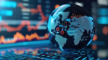 A holographic globe with glowing financial forecasts, capital trends rising, predicting future market growth and global investments