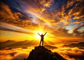 Vibrant morning sky with bold, golden hues illuminates a solitary figure standing triumphant on a mountaintop, arms raised in victorious celebration.