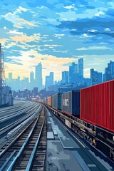 Fototapeta premium Freight Train with Containers at Sunset in City