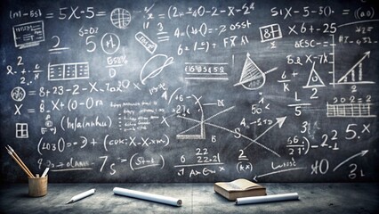 A chalkboard filled with mathematical equations and drawings, with a book and pencils on a desk in front of it.