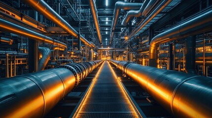 Obraz premium industrial pipelines in a factory at night with illuminated sections creating a dynamic scene highlighting the flow of materials and the manufacturing environment showcasing the operational technology