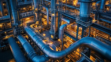 factory at night with industrial pipelines showing the movement of materials through illuminated pipes capturing the dynamic scene and operational aspects of the manufacturing infrastructure