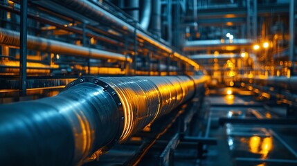 industrial scene of pipelines in a factory at night with illuminated pipes capturing the movement of materials and the dynamic manufacturing setting highlighting the operational and technological