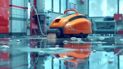 Fototapeta premium An orange robot vacuum cleans a glossy black floor with visible water droplets, reflecting a shiny surface. Background hints at a kitchen or bathroom setting with red cabinets and a possible column.