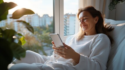An individual leisurely using a smartphone while relaxing by the window, enjoying a peaceful moment of connectivity and comfort with sunlight in the background.