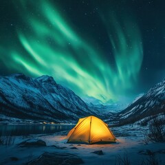 Glowing Yellow Tent Under Aurora and Starry Night Sky