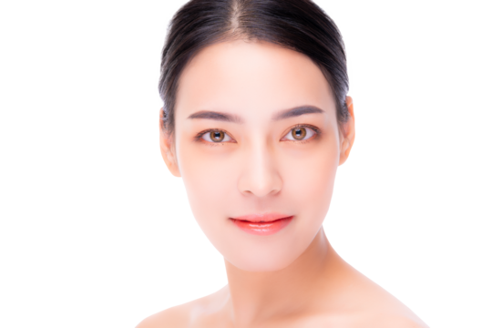 A close-up portrait of a woman with flawless skin, showcasing natural beauty and a soft, serene expression. The bright, minimalist background highlights her radiant complexion and calm demeanor.
