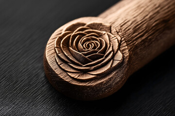 A close-up of a wooden handle with an intricate rose carving. The detailed woodwork showcases fine craftsmanship and artistic floral design on a dark background.