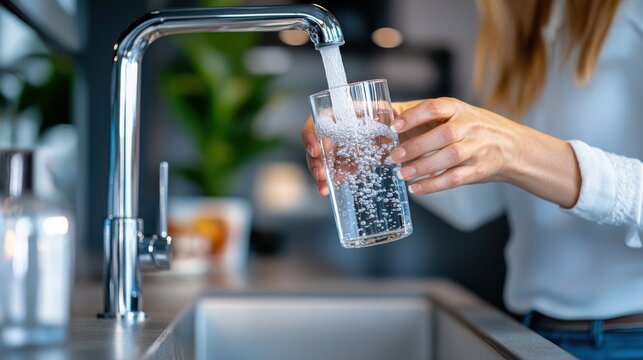 A woman fills a glass with fresh water from a kitchen sink, emphasizing hydration and cleanliness in a home setting, focusing on the importance of water.