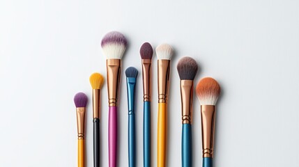 Fototapeta premium A collection of colorful makeup brushes arranged in an elegant line, perfect for beauty enthusiasts and artists.