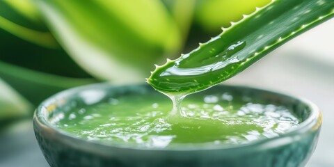 Obraz premium Fresh aloe vera gel dripping from a leaf into a bowl, showcasing its natural beauty and soothing properties.
