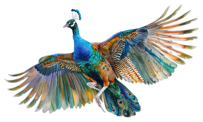 PNG  Vibrant peacock in flight © Rawpixel.com