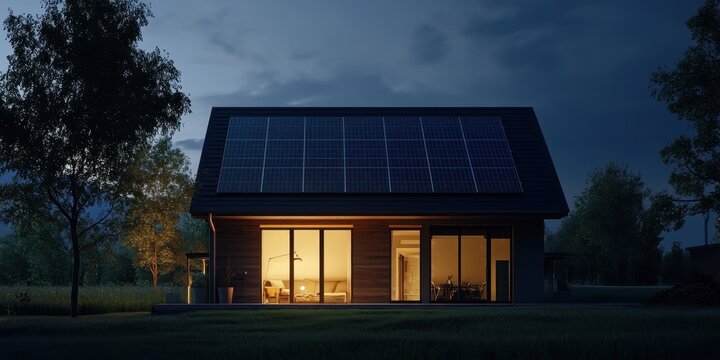 Modern house with solar panels glowing warmly at night, surrounded by trees and a serene atmosphere, highlighting sustainable living.