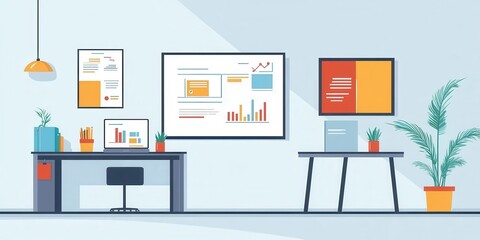 Modern office space with charts, graphs, and plants, featuring a stylish desk and laptop, perfect for productivity and creativity.