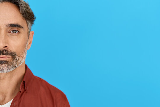 Serious bearded unsmiling gray-haired older man, mature male model of middle age wearing casual shirt standing isolated on gray background. Close up half face portrait. Copy space.
