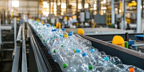 Recycling facility with plastic bottles on conveyor belt, promoting sustainability and environmental responsibility.