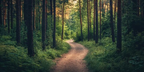 Fototapeta premium Serene forest path winding through tall trees, bathed in soft sunlight, inviting peaceful exploration and connection with nature.