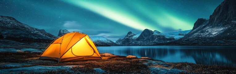 Glowing Yellow Tent Under Aurora and Starry Night Sky