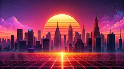 Vibrant pink and orange hues of a futuristic sunset evoke a retro-futuristic atmosphere, complete with sleek neon-lit cityscapes and atmospheric haze.