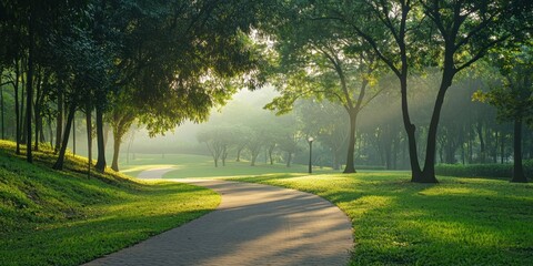 Serene park pathway illuminated by morning light, surrounded by lush greenery and tall trees, offering a tranquil retreat in nature.