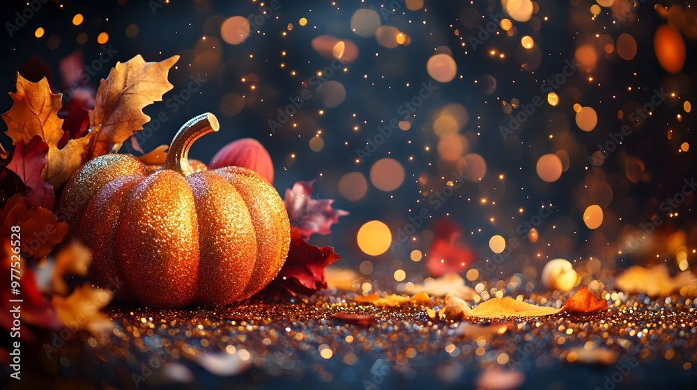 Sticker Glittery Pumpkin with Fall Leaves and Bokeh Lights