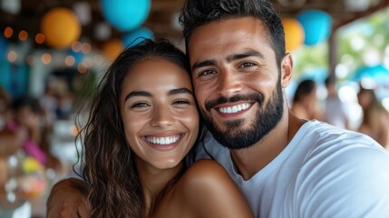 Obraz premium A cheerful couple enjoys a festive party, surrounded by colorful decorations and a jovial crowd, symbolizing the spirit of celebration, joy, and connection.