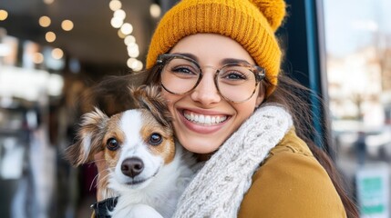 A smiling woman in a bright urban setting holds her dog, capturing happiness and companionship. The lively background suggests a busy city atmosphere.