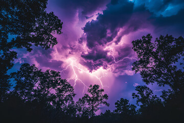 Fototapeta premium Dramatic lightning storm illuminating dark clouds and trees.