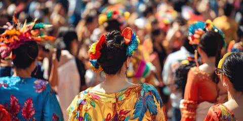 Vibrant scene of women in colorful traditional dresses celebrating at a festival, showcasing rich culture and joyful atmosphere.