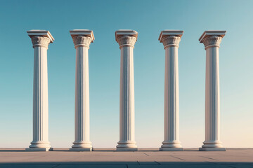 Five classical columns with ornate capitals standing on a tiled floor against a clear blue sky.