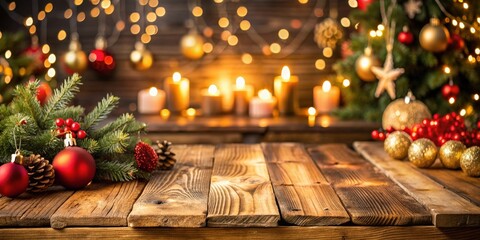 Wooden table with Christmas decorations in background