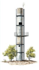 Obraz premium A detailed illustration of a weathered water tower surrounded by greenery, showcasing industrial design and natural elements.