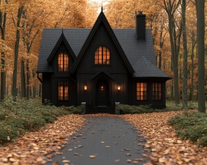 A mysterious black house surrounded by autumn trees, creating a serene and enchanting forest atmosphere.