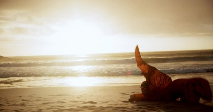 Beach, sunset and dinosaur running or fall, inflatable or comic at vacation. Summer, funny or nature for prehistoric doll, crazy or prank for celebration or initiation into club on Hawaii seaside