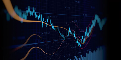 Abstract financial graph with uptrend line and bar chart of stock market on blue color background