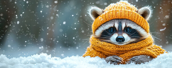 Cute racoon wearing a knitted hat and scarf in a snowy winter scene with soft bokeh background.