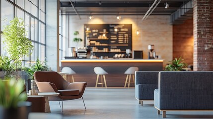 Fototapeta premium A modern caf? interior featuring stylish seating, a counter with a menu, and greenery for a relaxed atmosphere.