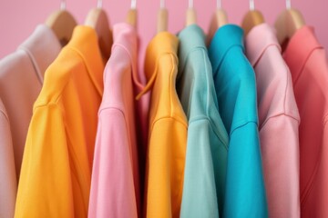 A row of vibrant pastel shirts hanging on wooden hangers, featuring a variety of colors including...