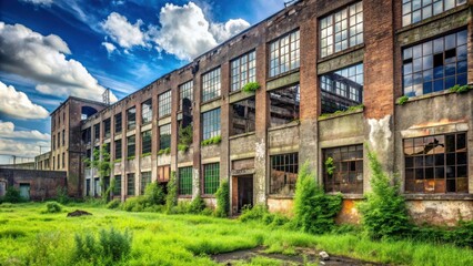 Obraz premium A haunting image of abandoned factory ruins with broken windows, overgrown grass, and crumbling walls