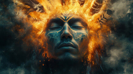 Shaman with Feathered Headdress in Firelight