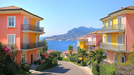 Fototapeta premium Amalfi coast look-like landscape, Italian town on the sea, terraced houses decorated with flowers. Mediterranean travel concept