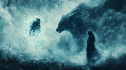Shaman and large wolf spirit