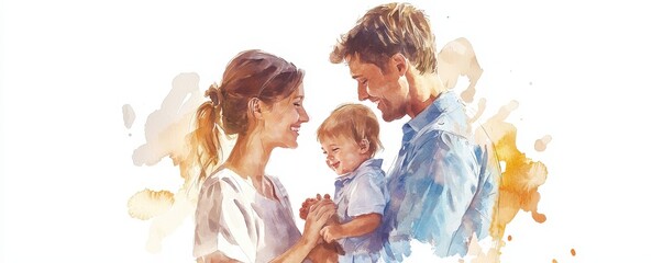 A joyful family moment, capturing love and connection between parents and their baby in a beautiful watercolor style.
