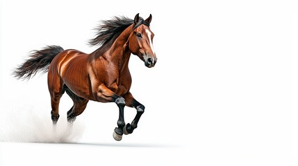 A majestic brown horse galloping with grace, showcasing its strength and beauty in a dynamic action pose against a clean background.