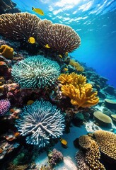 Obraz premium vibrant marine life flourishing lush coral ecosystems colorful diverse aquatic species, biodiversity, fish, flora, fauna, habitats, mollusks, reefs, sea
