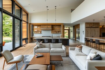 Fototapeta premium A panorama of a spacious open-plan home with seamless transitions between living areas, dining areas, and kitchen spaces, creating a sense of flow and connection