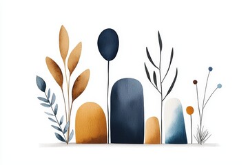 A modern watercolor illustration of abstract plants and shapes, perfect for design projects and nature-themed presentations.