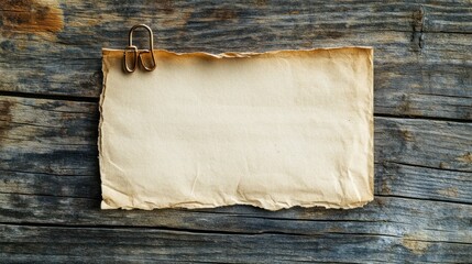Fototapeta premium A blank eco-friendly note held by a recycled paper clip, placed on a natural wooden surface, conveying sustainability.