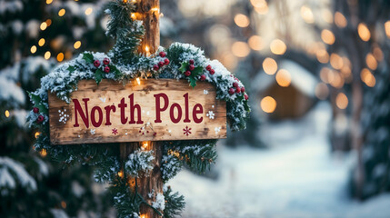 North Pole signpost with festive garland and snow, magical Christmas setting