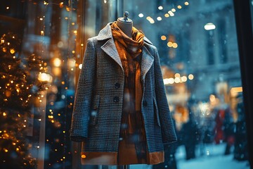 Obraz premium Mannequin wearing winter coat displayed in shop window for christmas